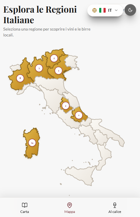 Schermata dell'app con la mappa delle regioni italiane e il numero di vini per regione